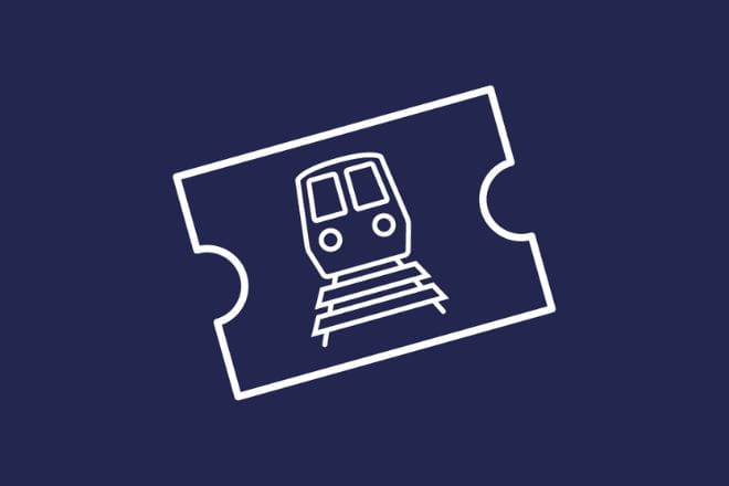 dark blue background with white train on a ticket icon