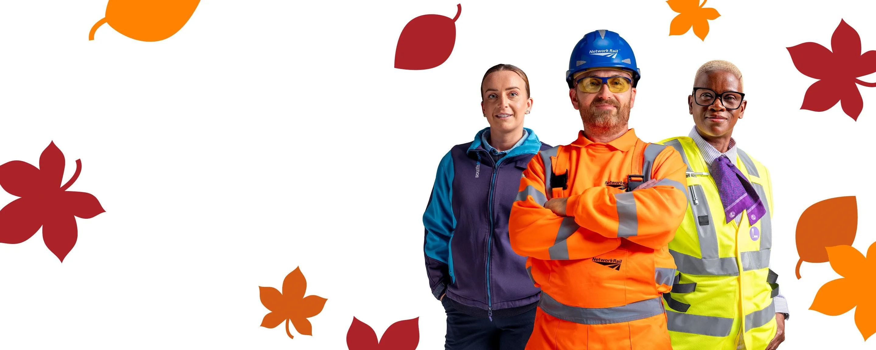 Southeastern staff dressed in uniform on a white background with leaves