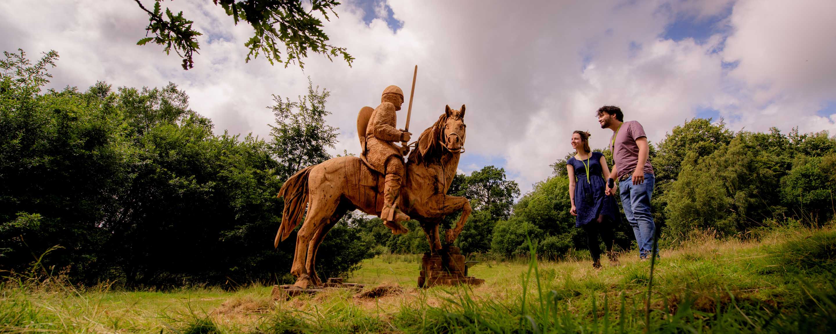Wooden horse and knight in field