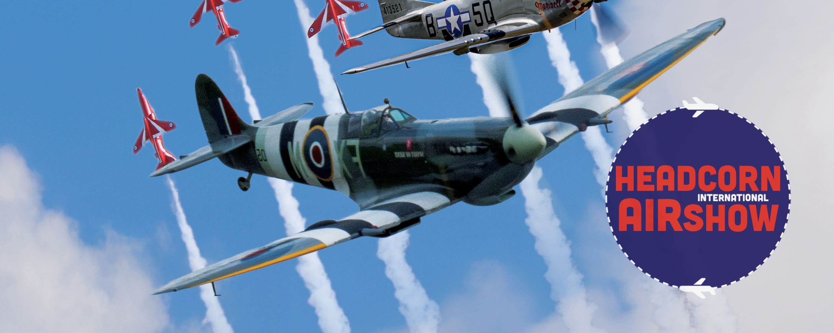 Illustration of an RAF plane flying with the Red Arrows in the background