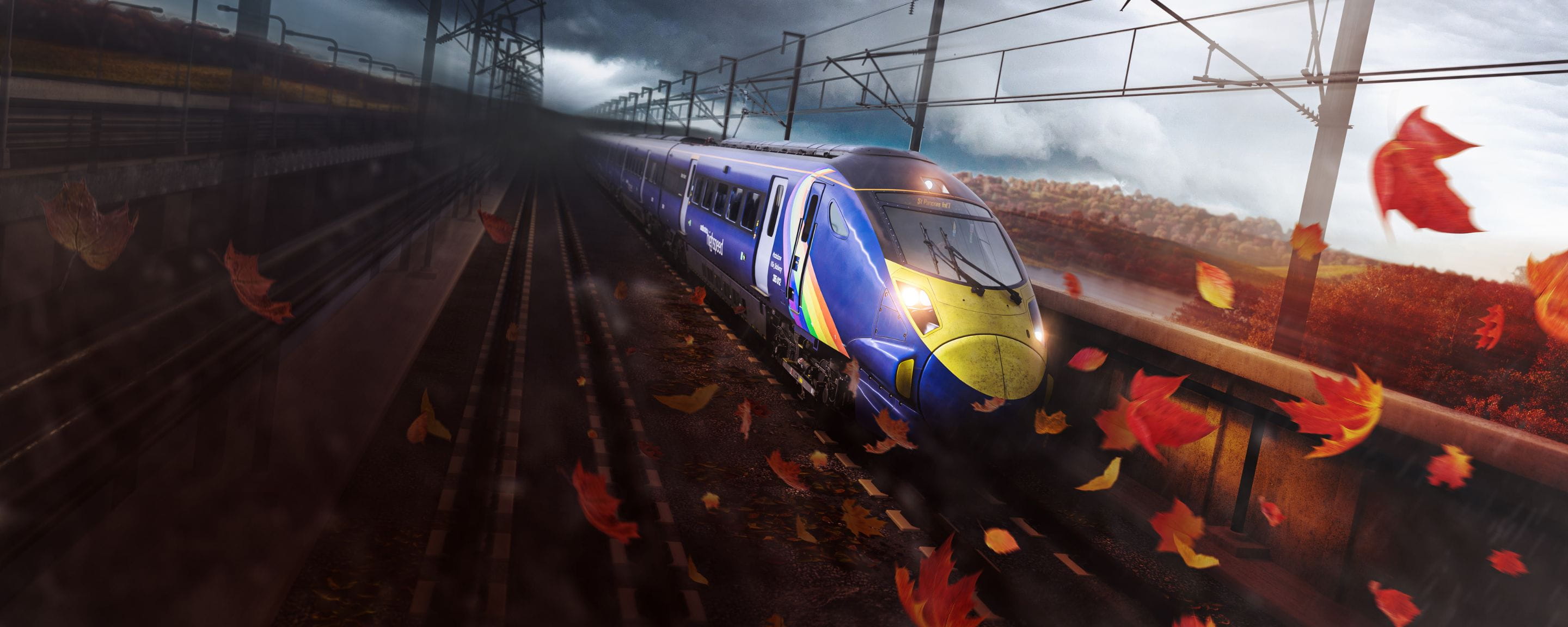 game footage of a Southeastern High Speed train on a track
