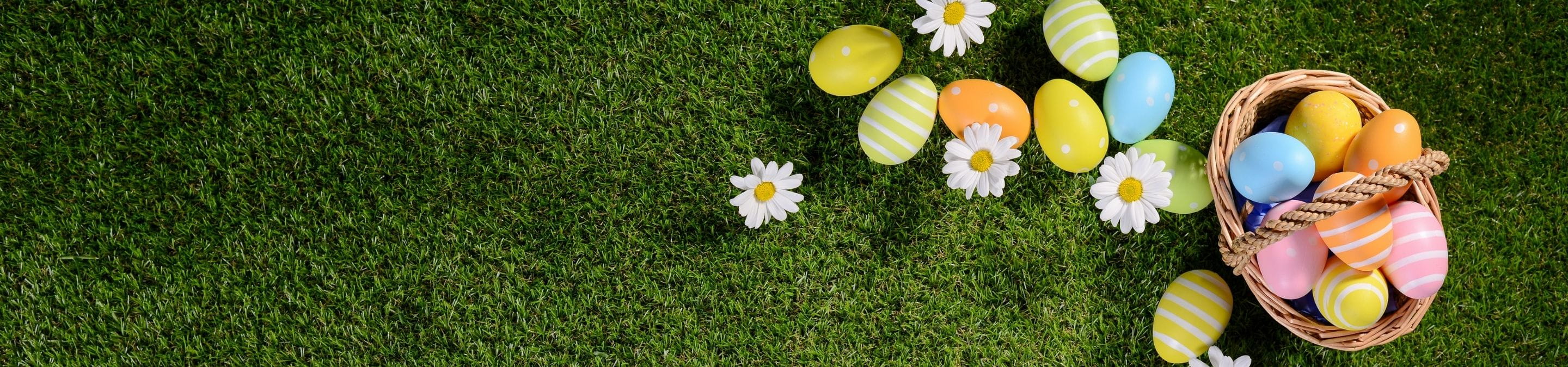 a basket of colourful Easter eggs with some other eggs scattered on the grass