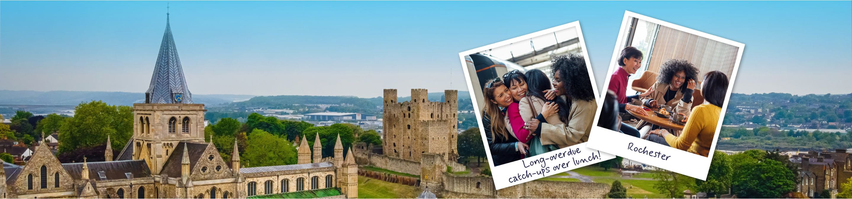 Rochester Cathedral with two polaroid pictures of friends laughing and hugging on the right