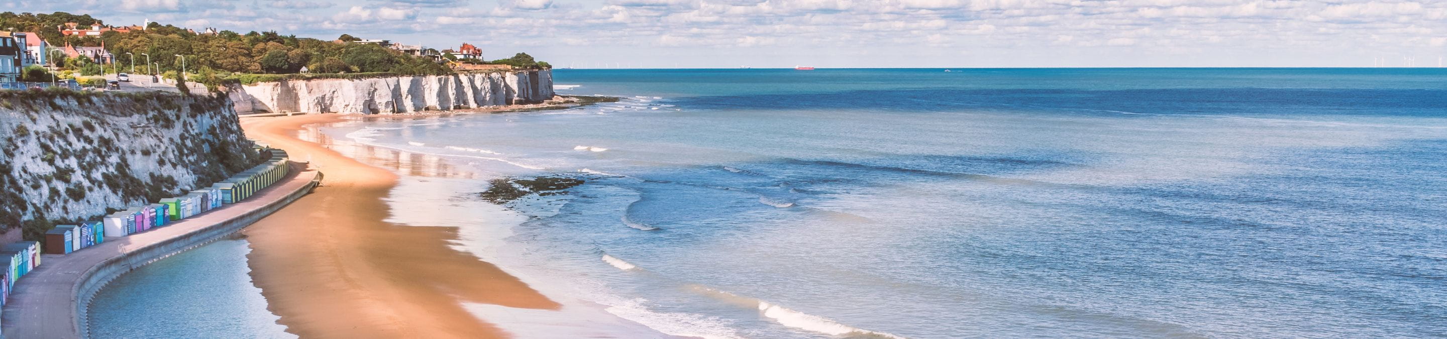 landscape of a beach and the ocean with white cliffs and a row of colourful huts in the background