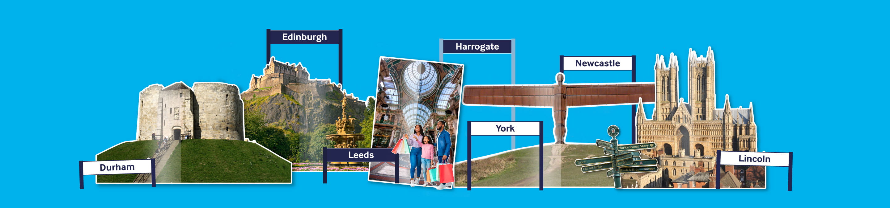 famous landmarks in the north of England on a blue background