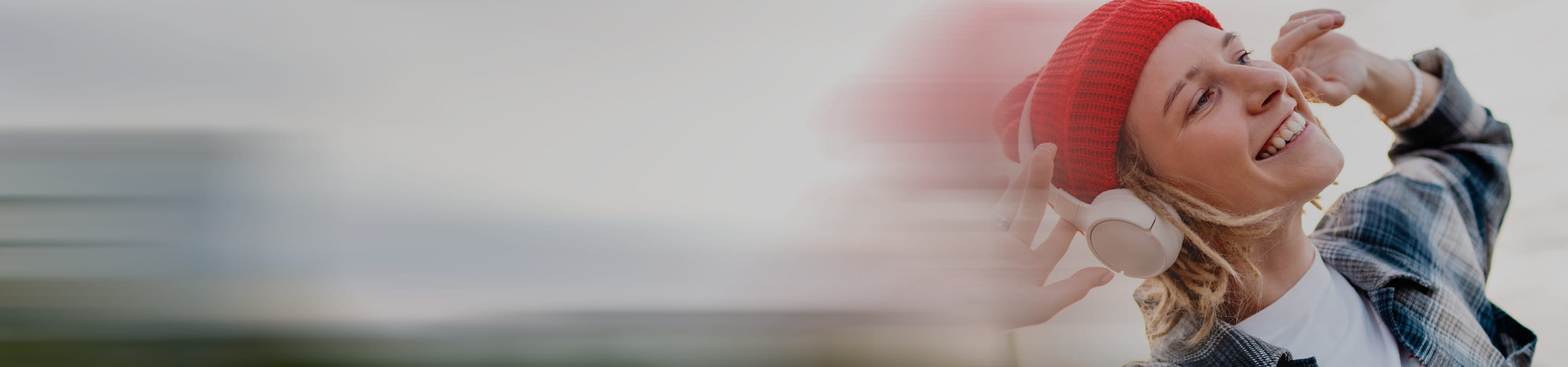 right hand image of women wearing a red hat and headphones