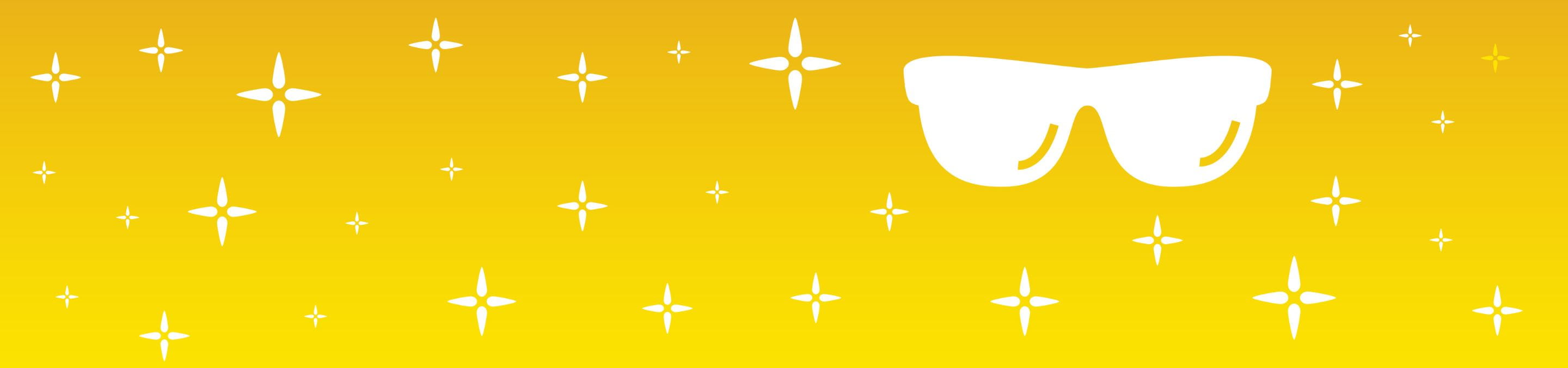 a yellow background with white star shapes and a pair of white sunglasses in the top right corner