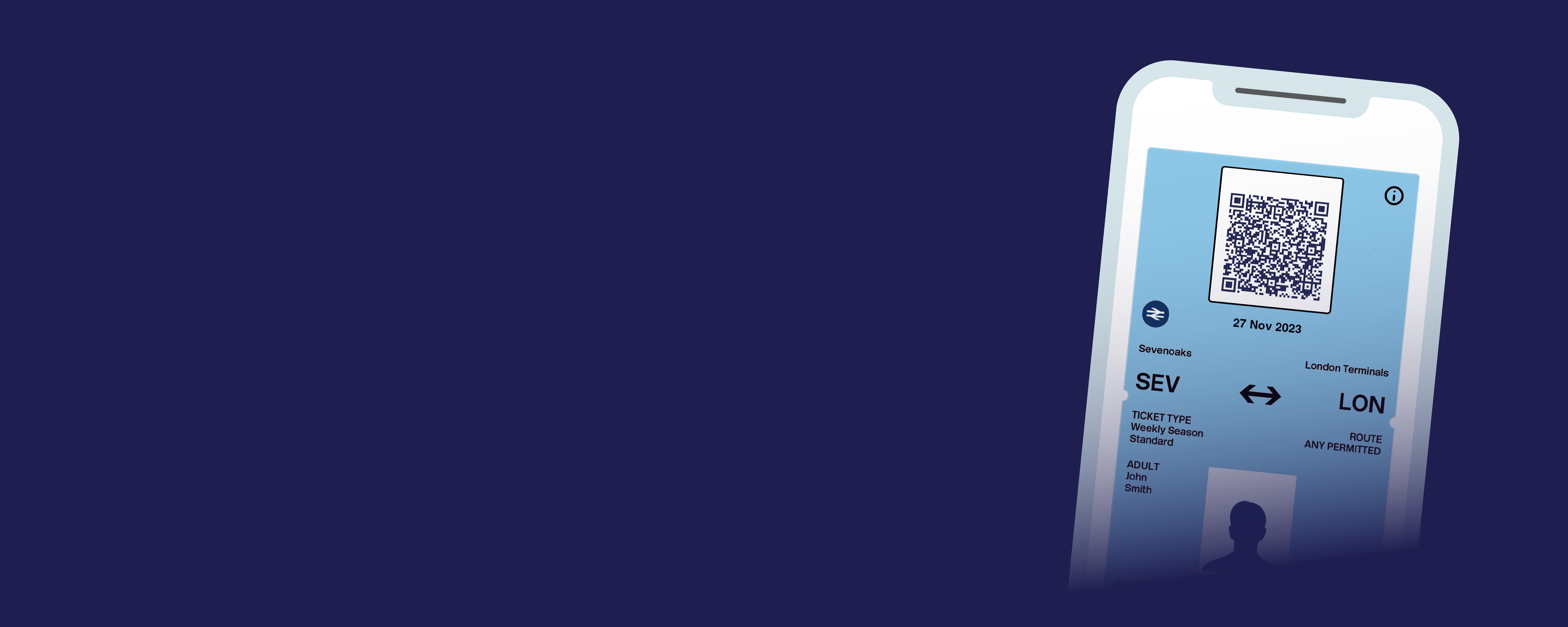 dark blue banner with a phone graphic on the right displaying an sTicket