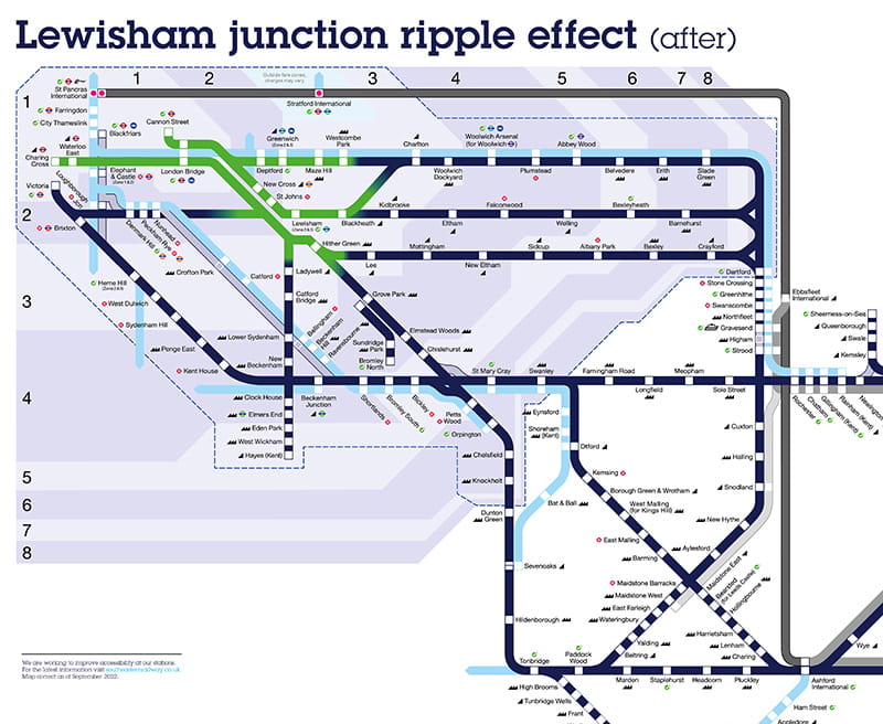 Southeastern Network Map showing the Lewisham Junction ripple effect