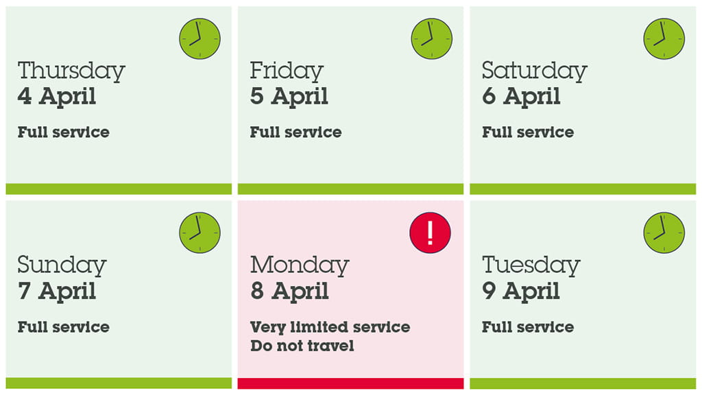 Train service level Thursday 4 April to Tuesday 9 April