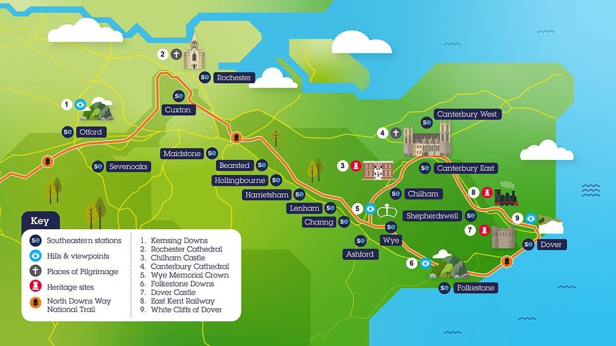 map of Kent Downs with a key of Southeastern stations and popular tourist spots 