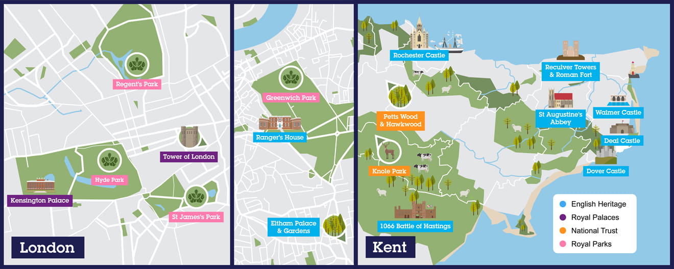 a map of castles, palaces and parks in London, Kent and East Sussex