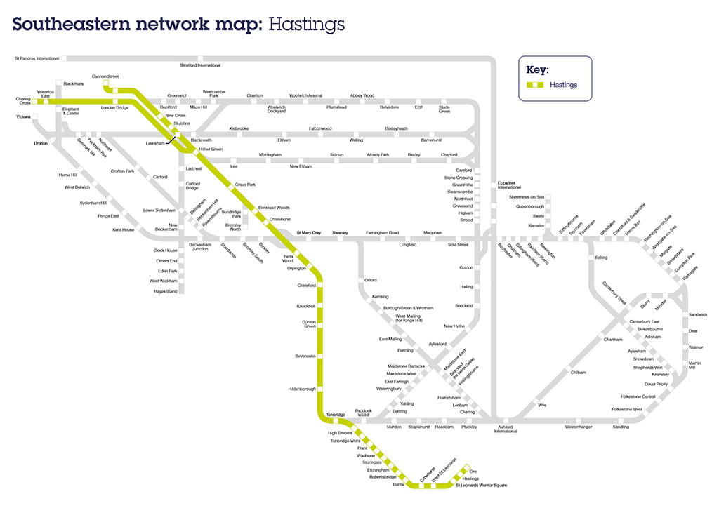 Map of Hastings line, route and stations
