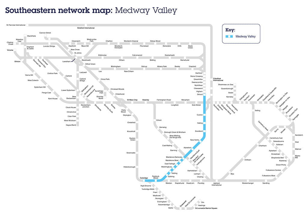 Map of Medway Valley line, route and stations