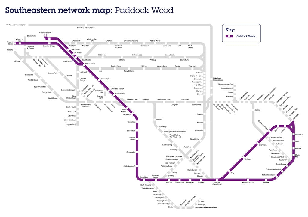 Map of Paddock Wood line, route and stations