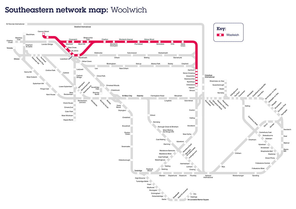 Map of Woolwich line, route and stations