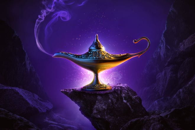 a magic lamp sat on a rock on a purple background