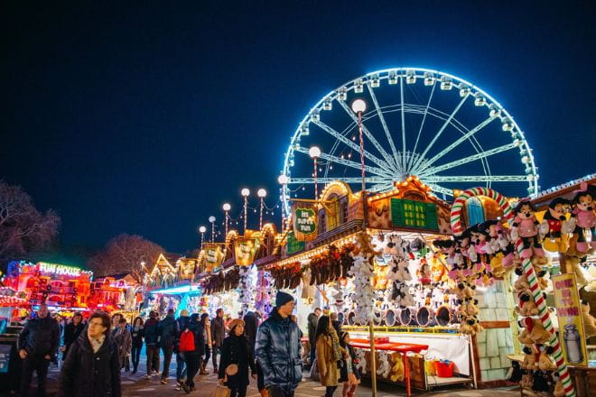 Christmas Market stalls with a Ferris Wheel