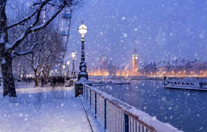 london skyline in snow
