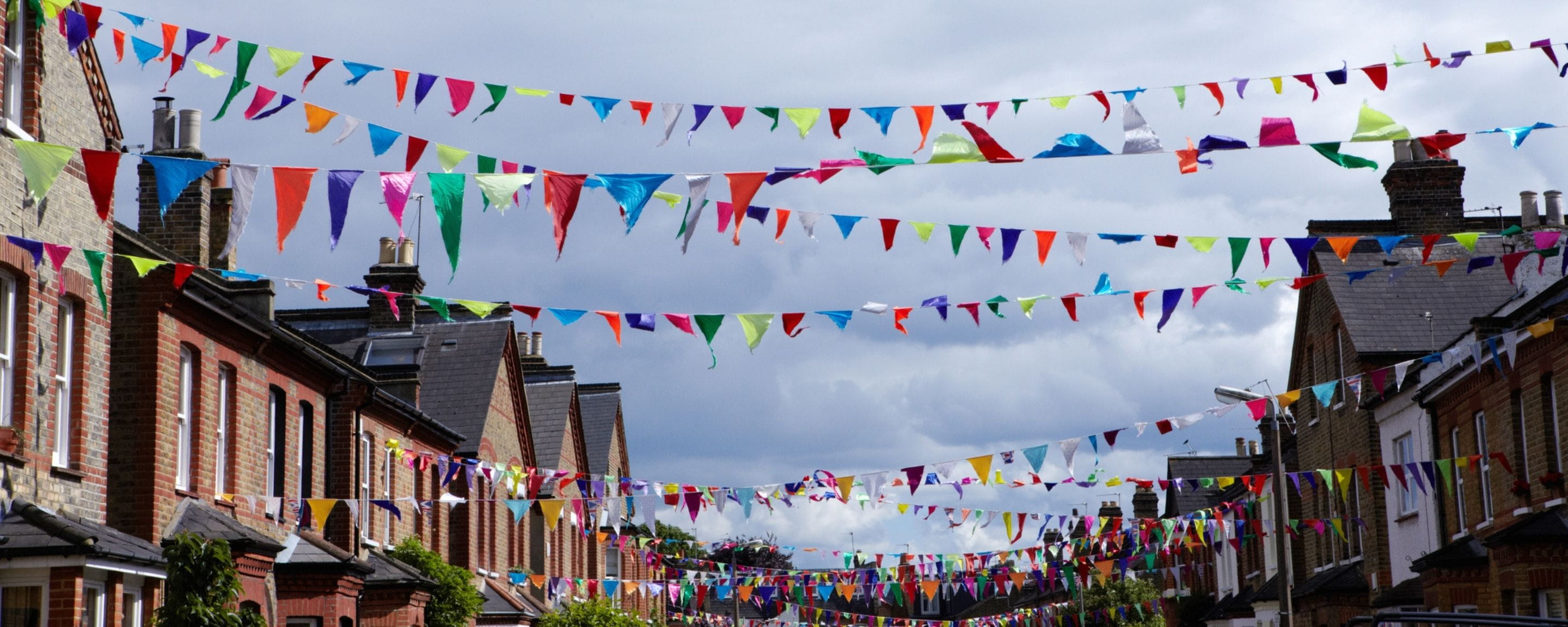 a street lined with bunting