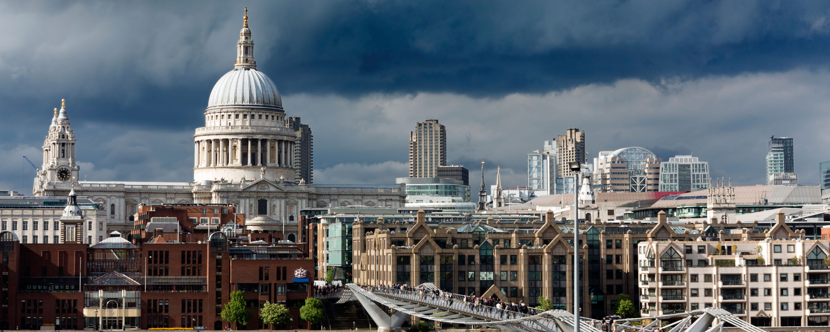 Stormy London skyline showing St Pauls and Milenium bridge