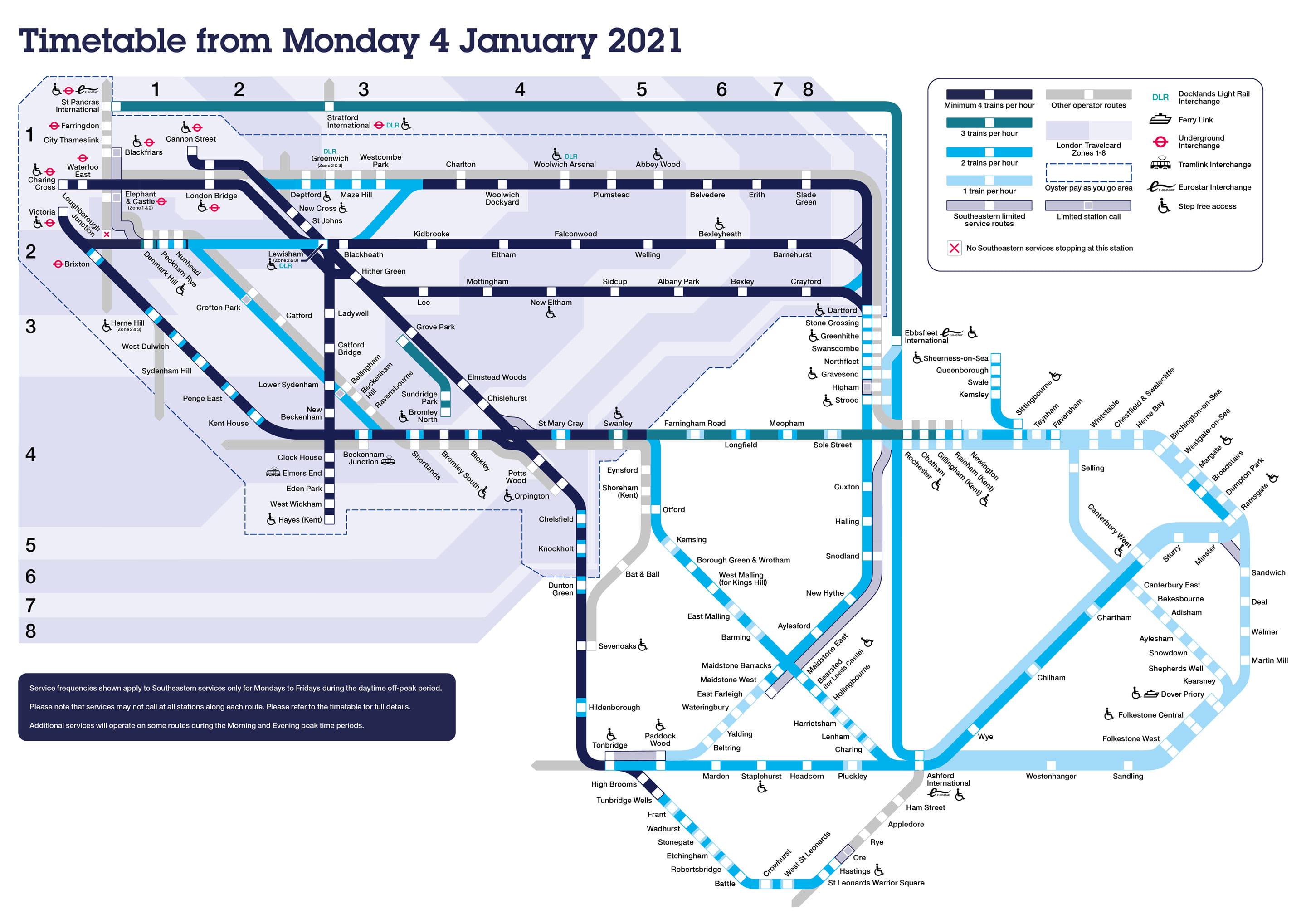 Southeastern timetable map from 4 January 2021
