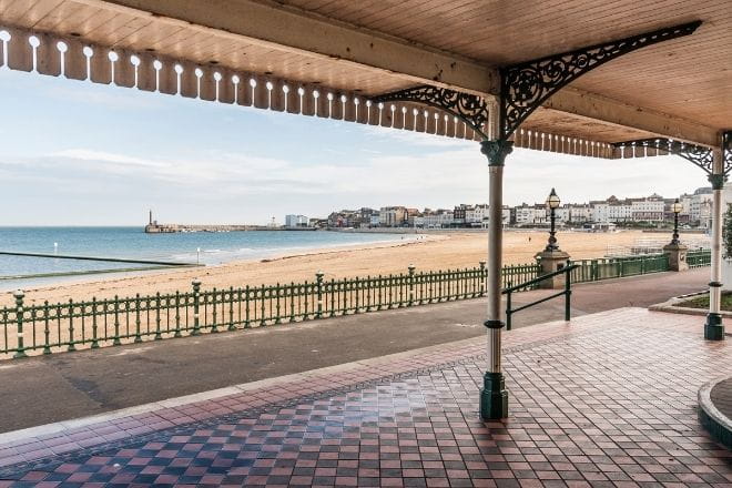 a view of Margate bay from the bus shelter