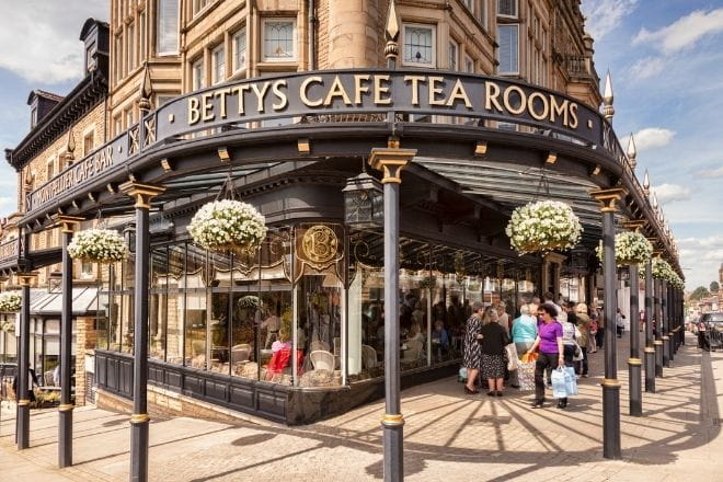 people lining up to visit Betty's Tea Rooms in Harrogate
